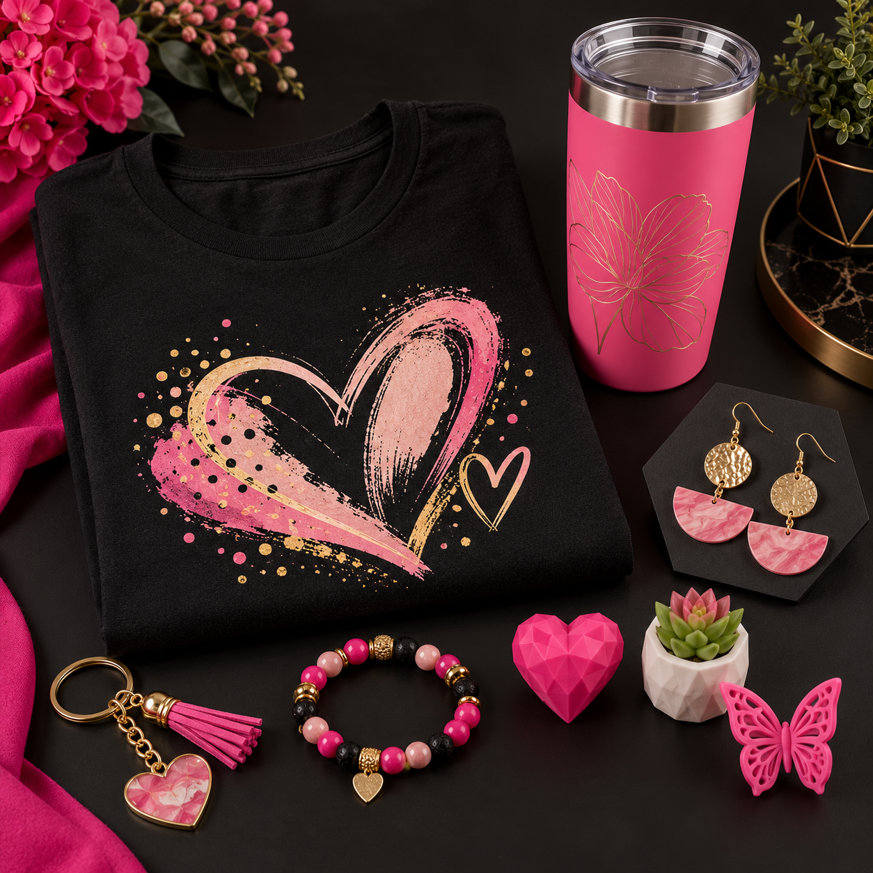 Pink and black apparel, tumbler, jewelry, keychain and small gifts