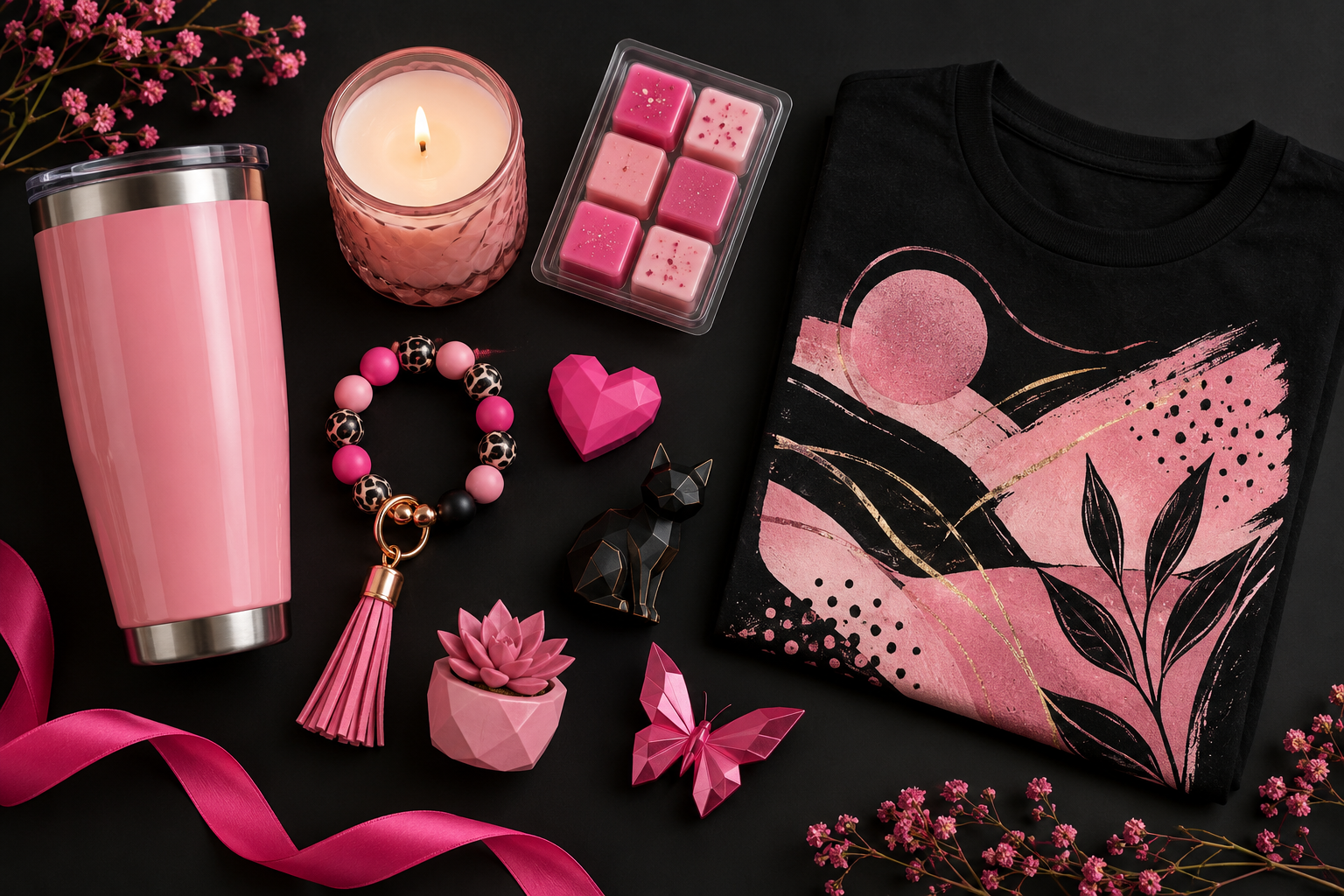 A black and pink display of handmade gifts