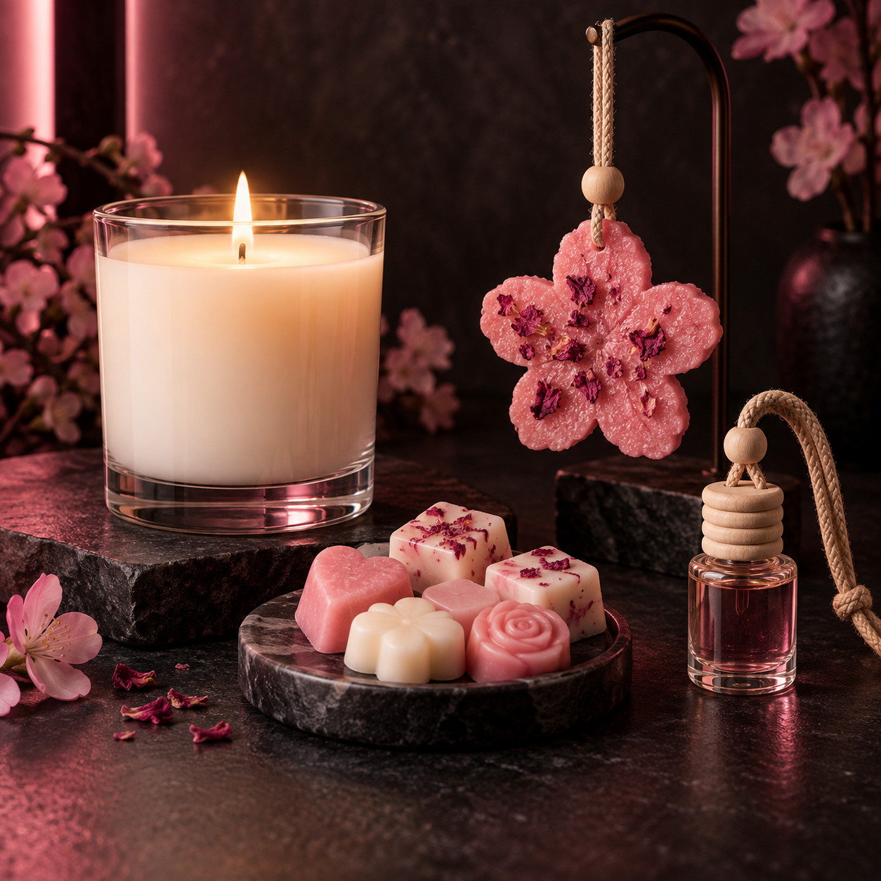 Candle, wax melts, car freshie and diffuser in a pink boutique display